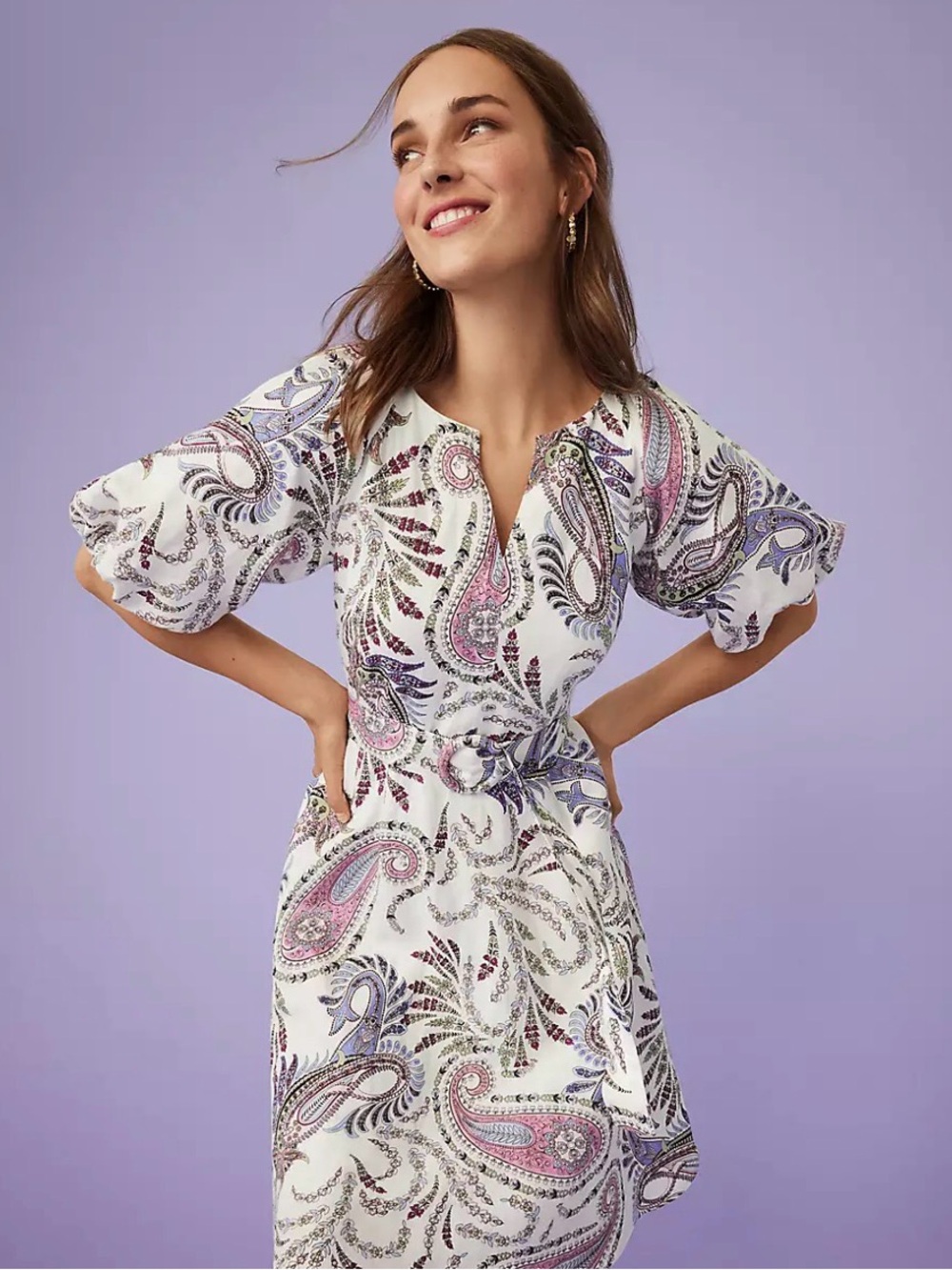 LOFT White Mini Dress with Lavender and Pink Paisley
